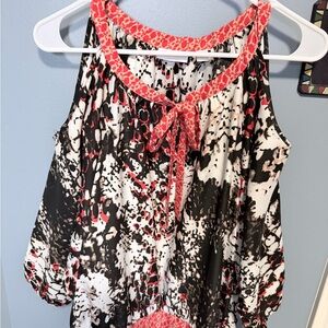 New York & Company Black, White and Coral Printed Cold-Shoulder Blouse